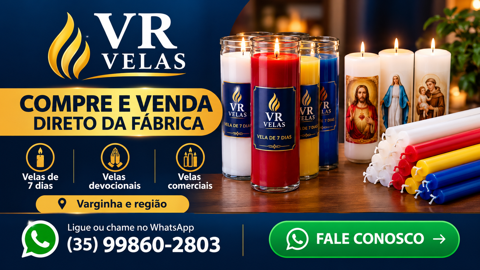 VR Velas, fábrica de velas em Varginha, velas de 7 dias, devocionais e comerciais